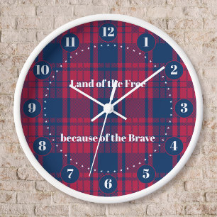 Tartan - Patriotic - Red Blue White Stars Große Wanduhr