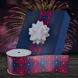 Tartan - Patriotic - Red Blue White Stars Satinband