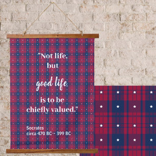Tartan - Patriotic - Red Blue White Stars Wood Wandteppich Mit Holzrahmen
