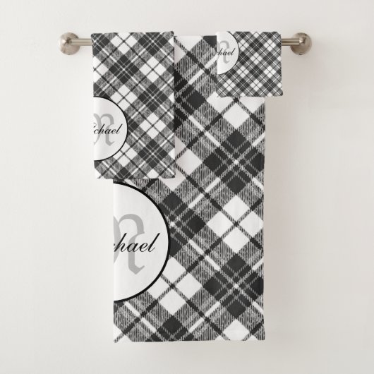 Tartan pattern Christmas Schwarz-weiß Monogram Badhandtuch Set (Insitu)