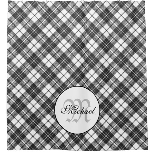 Tartan pattern Christmas Schwarz-weiß Monogram Duschvorhang (Vorderseite)