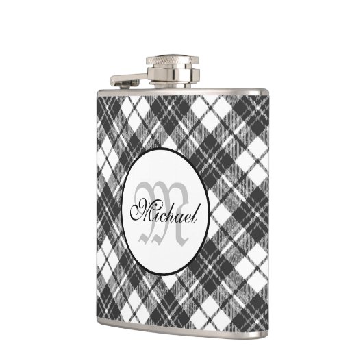 Tartan pattern Christmas Schwarz-weiß Monogram Flachmann (Links)