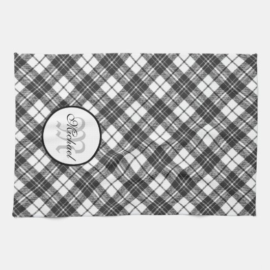 Tartan pattern Christmas Schwarz-weiß Monogram Geschirrtuch (Horizontal)