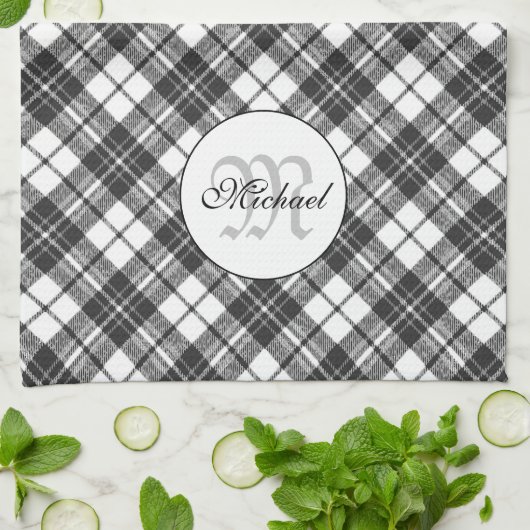 Tartan pattern Christmas Schwarz-weiß Monogram Geschirrtuch (Gefaltet)
