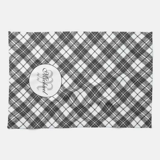 Tartan pattern Christmas Schwarz-weiß Monogram Geschirrtuch (Horizontal)