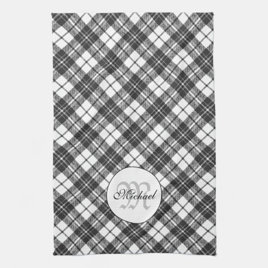 Tartan pattern Christmas Schwarz-weiß Monogram Geschirrtuch (Vertikal)