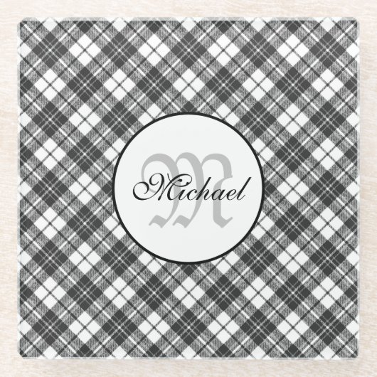 Tartan pattern Christmas Schwarz-weiß Monogram Glasuntersetzer (Vorderseite)
