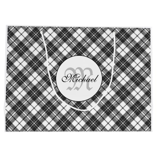 Tartan pattern Christmas Schwarz-weiß Monogram Große Geschenktüte (Rückseite)