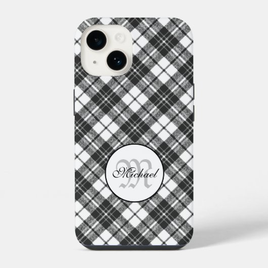Tartan pattern Christmas Schwarz-weiß Monogram iPhone Hülle (Rückseite)