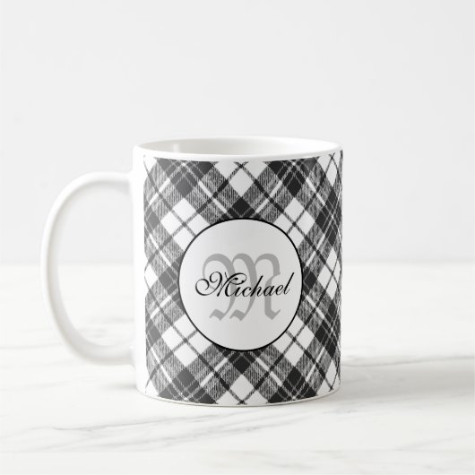 Tartan pattern Christmas Schwarz-weiß Monogram Kaffeetasse (Links)