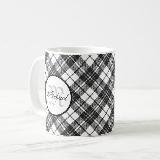 Tartan pattern Christmas Schwarz-weiß Monogram Kaffeetasse (Vorderseite Links)