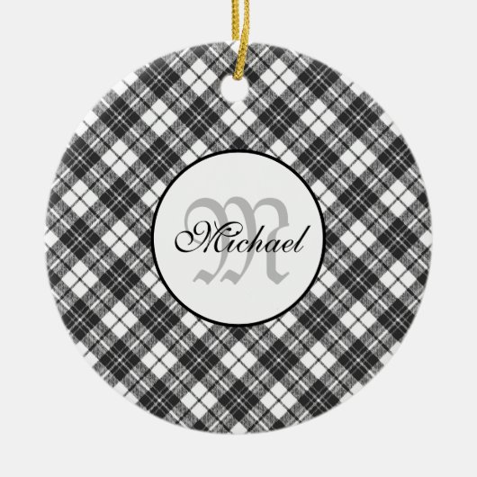 Tartan pattern Christmas Schwarz-weiß Monogram Keramik Ornament (Vorne)