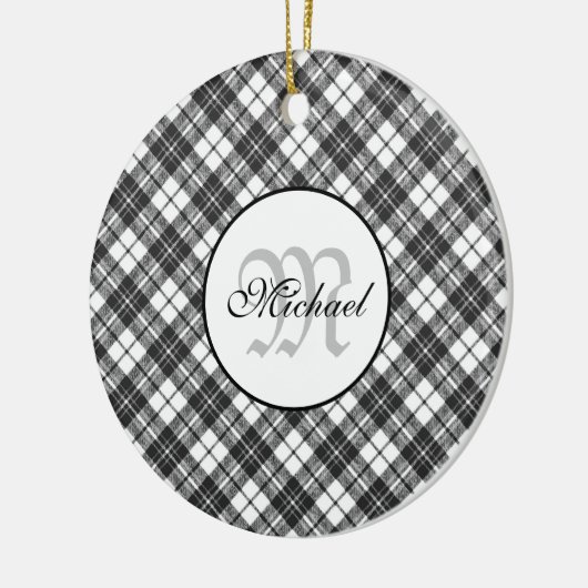 Tartan pattern Christmas Schwarz-weiß Monogram Keramik Ornament (Links)