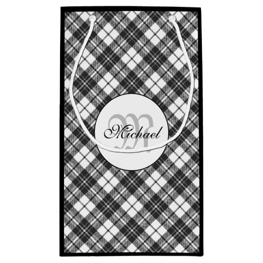 Tartan pattern Christmas Schwarz-weiß Monogram Kleine Geschenktüte (Rückseite)
