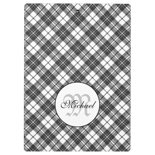 Tartan pattern Christmas Schwarz-weiß Monogram Klemmbrett (Rückseite)