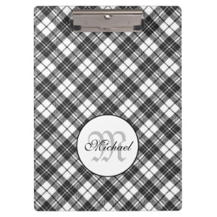 Tartan pattern Christmas Schwarz-weiß Monogram Klemmbrett