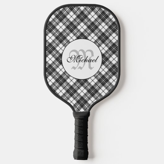 Tartan pattern Christmas Schwarz-weiß Monogram Pickleball Schläger (Rückseite)