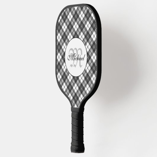 Tartan pattern Christmas Schwarz-weiß Monogram Pickleball Schläger (Links)