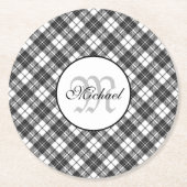 Tartan pattern Christmas Schwarz-weiß Monogram Runder Pappuntersetzer (Vorderseite)