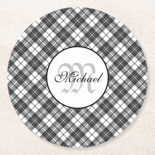 Tartan pattern Christmas Schwarz-weiß Monogram Runder Pappuntersetzer (Vorderseite)