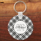 Tartan pattern Christmas Schwarz-weiß Monogram Schlüsselanhänger (Vorderseite)