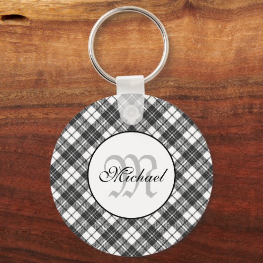 Tartan pattern Christmas Schwarz-weiß Monogram Schlüsselanhänger (Vorderseite)