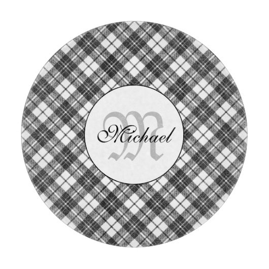 Tartan pattern Christmas Schwarz-weiß Monogram Schneidebrett (Vorderseite)