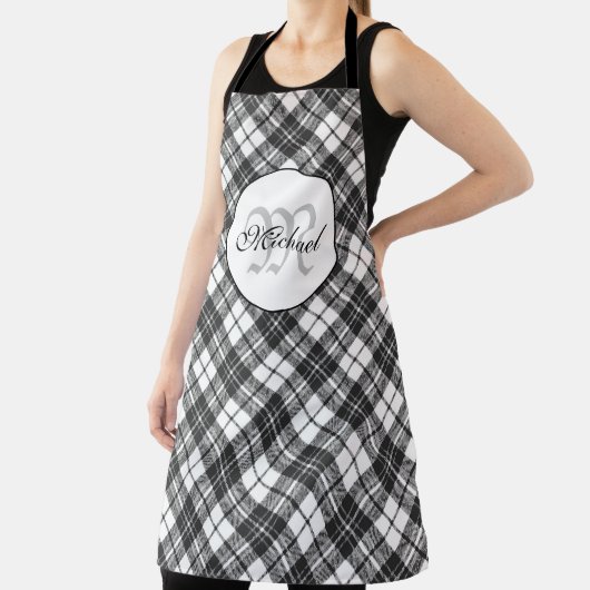 Tartan pattern Christmas Schwarz-weiß Monogram Schürze (InSitu)
