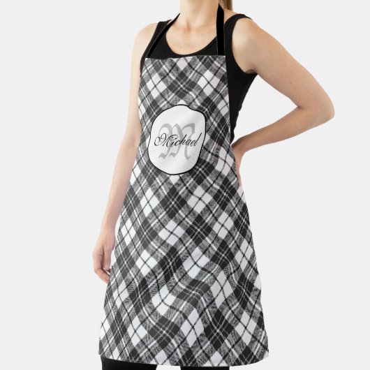 Tartan pattern Christmas Schwarz-weiß Monogram Schürze (InSitu)