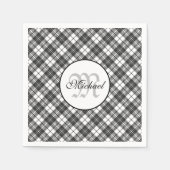 Tartan pattern Christmas Schwarz-weiß Monogram Serviette (Vorderseite)