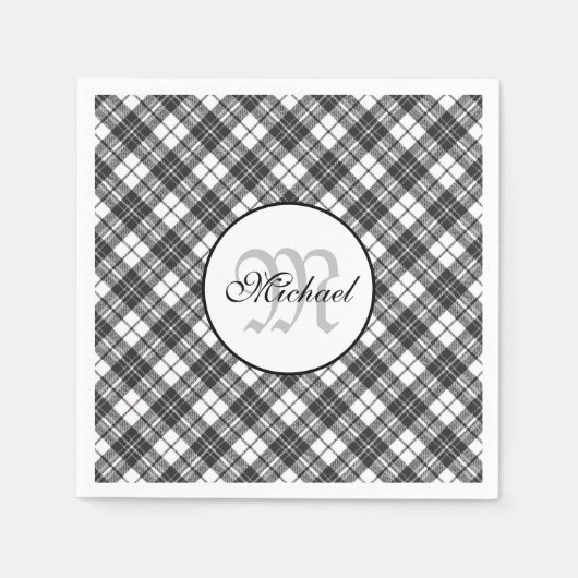 Tartan pattern Christmas Schwarz-weiß Monogram Serviette (Vorderseite)