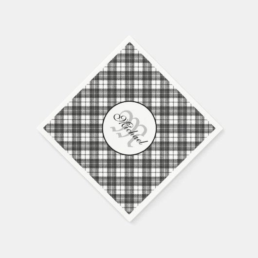 Tartan pattern Christmas Schwarz-weiß Monogram Serviette (Ecke)