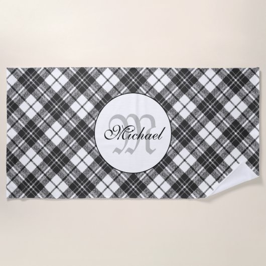 Tartan pattern Christmas Schwarz-weiß Monogram Strandtuch (Vorderseite)