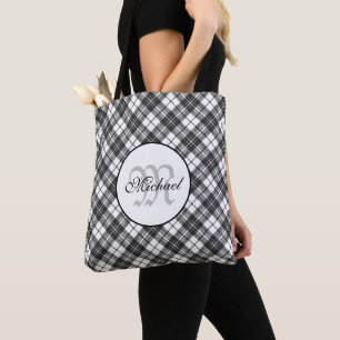Tartan pattern Christmas Schwarz-weiß Monogram Tasche