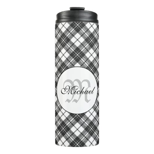 Tartan pattern Christmas Schwarz-weiß Monogram Thermosbecher (Vorderseite)