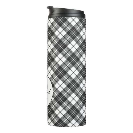 Tartan pattern Christmas Schwarz-weiß Monogram Thermosbecher (Nach rechts gedreht)
