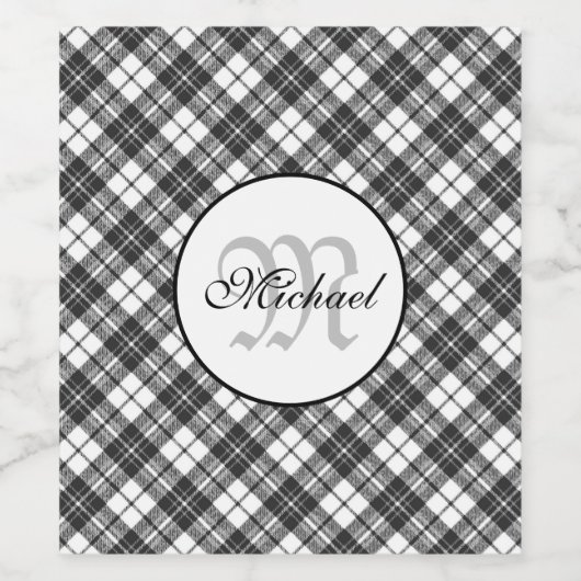 Tartan pattern Christmas Schwarz-weiß Monogram Weinetikett (Einzelnes Label)