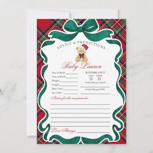 Tartan Plaid Christmas Bear Advice for Baby Card Einladung (Vorderseite)