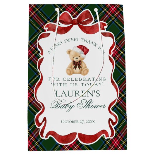 Tartan Plaid Christmas Bear Baby Shower Favors Mittlere Geschenktüte (Vorderseite)