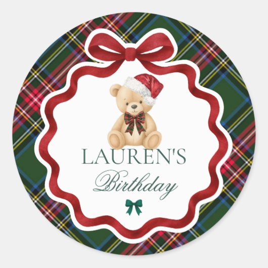 Tartan Plaid Christmas Bear Birthday Envelope Seal Runder Aufkleber (Vorderseite)