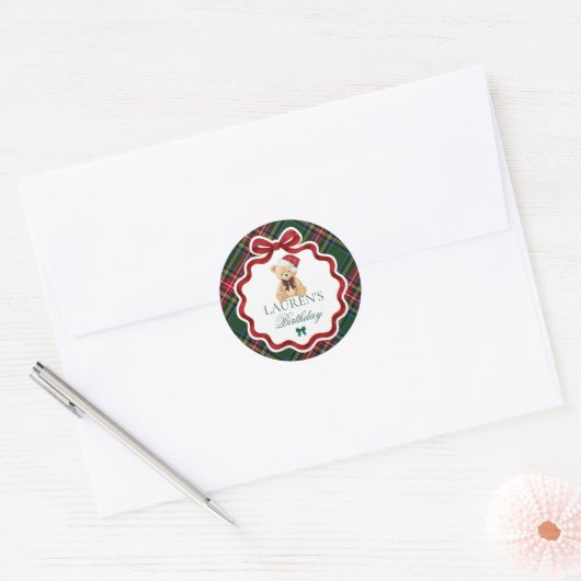 Tartan Plaid Christmas Bear Birthday Envelope Seal Runder Aufkleber (Umschlag)
