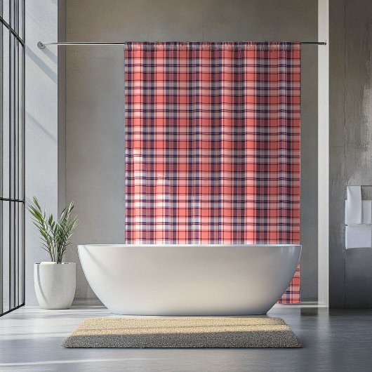 Tartan Plaid Curtain Coral Navy Gift for Retirees Duschvorhang