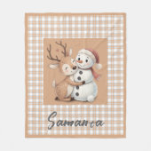 Tartan plaid reindeer snowman beige name fleecedecke (Vorderseite)
