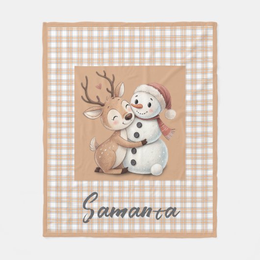Tartan plaid reindeer snowman beige name fleecedecke (Vorderseite)