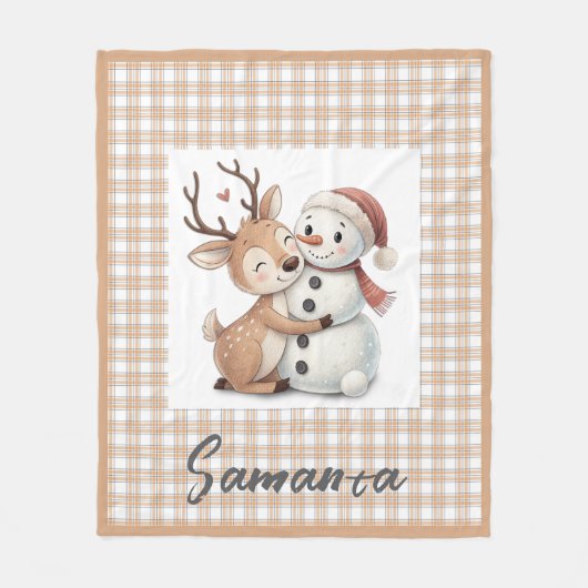 Tartan plaid reindeer snowman beige white name fleecedecke (Vorderseite)