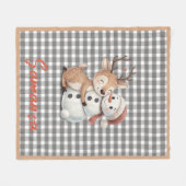 Tartan plaid reindeer snowman grey white name fleecedecke (Vorderseite (Horizontal))
