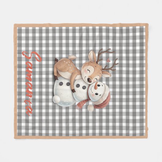 Tartan plaid reindeer snowman grey white name fleecedecke (Vorderseite (Horizontal))