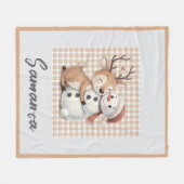 Tartan plaid reindeer snowman orange beige name fleecedecke (Vorderseite (Horizontal))