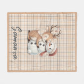 Tartan plaid reindeer snowman orange beige name fleecedecke (Vorderseite (Horizontal))