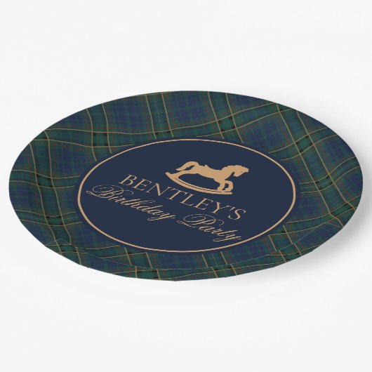 Tartan Plaid Rocking Horse Birthday Party Pappteller (Schrägansicht)